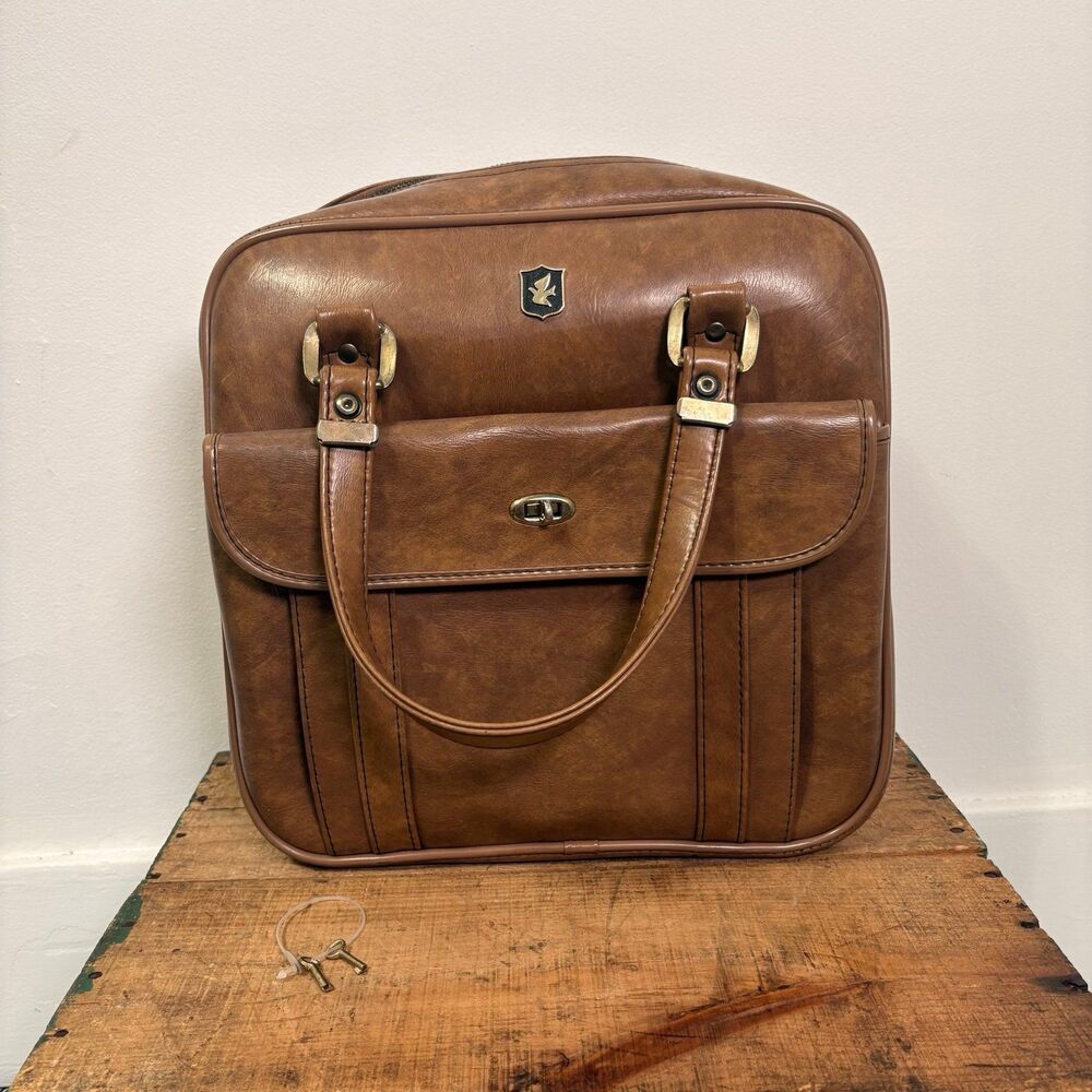 Vintage 70s Brown Pilot Airline Bag with Keys